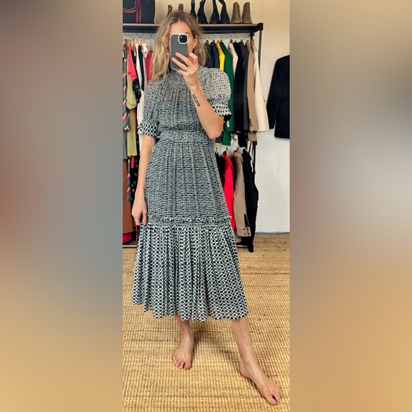 Proenza Schouler Silk Long Ruffle Raw Edge Hem Mock Neck A Line Maxi Dress - Picture 4 of 17